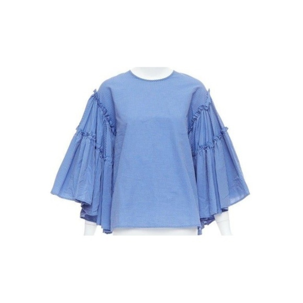 dRA Los Angeles Women's M Blue‎ White Pinstripe Ruffle Bell Sleeve Blouse Top